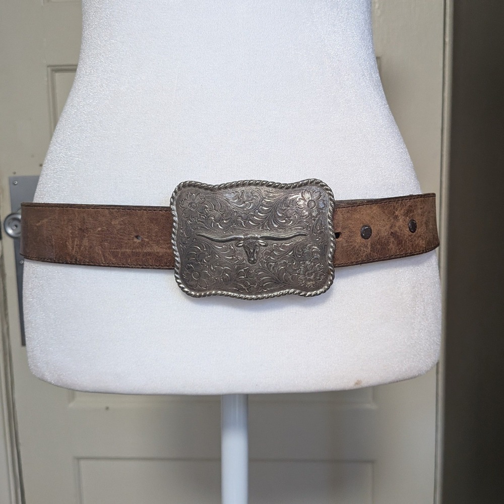 Brown Leather Western Belt Longhorn Bull Buckle Made in USA Size 34